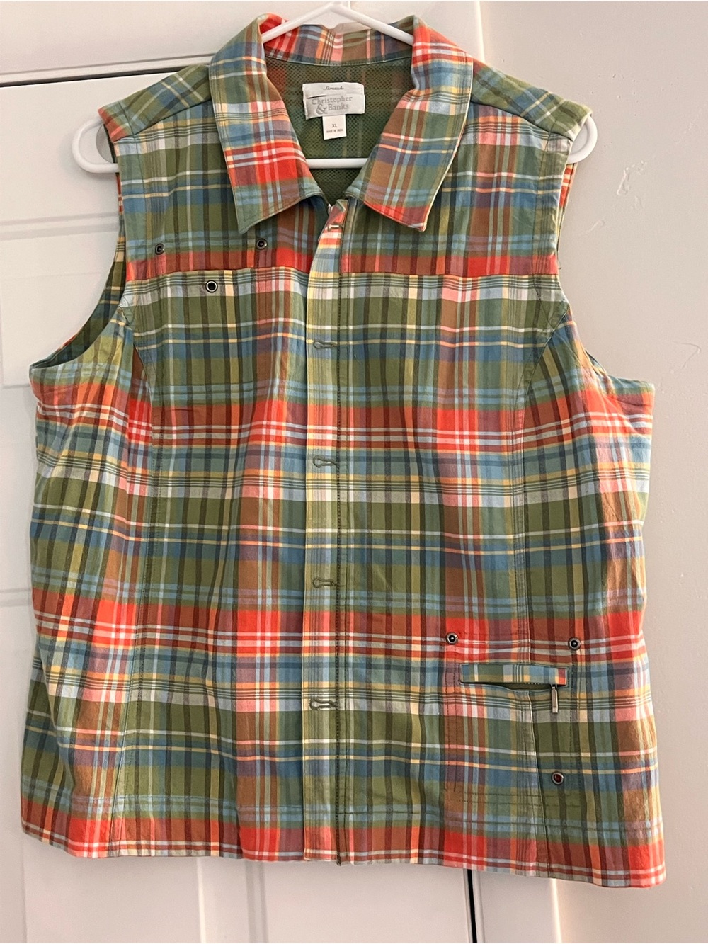 Christopher & Banks Plaid Sleeveless Button-Up Shirt - Green/Orange/Blue